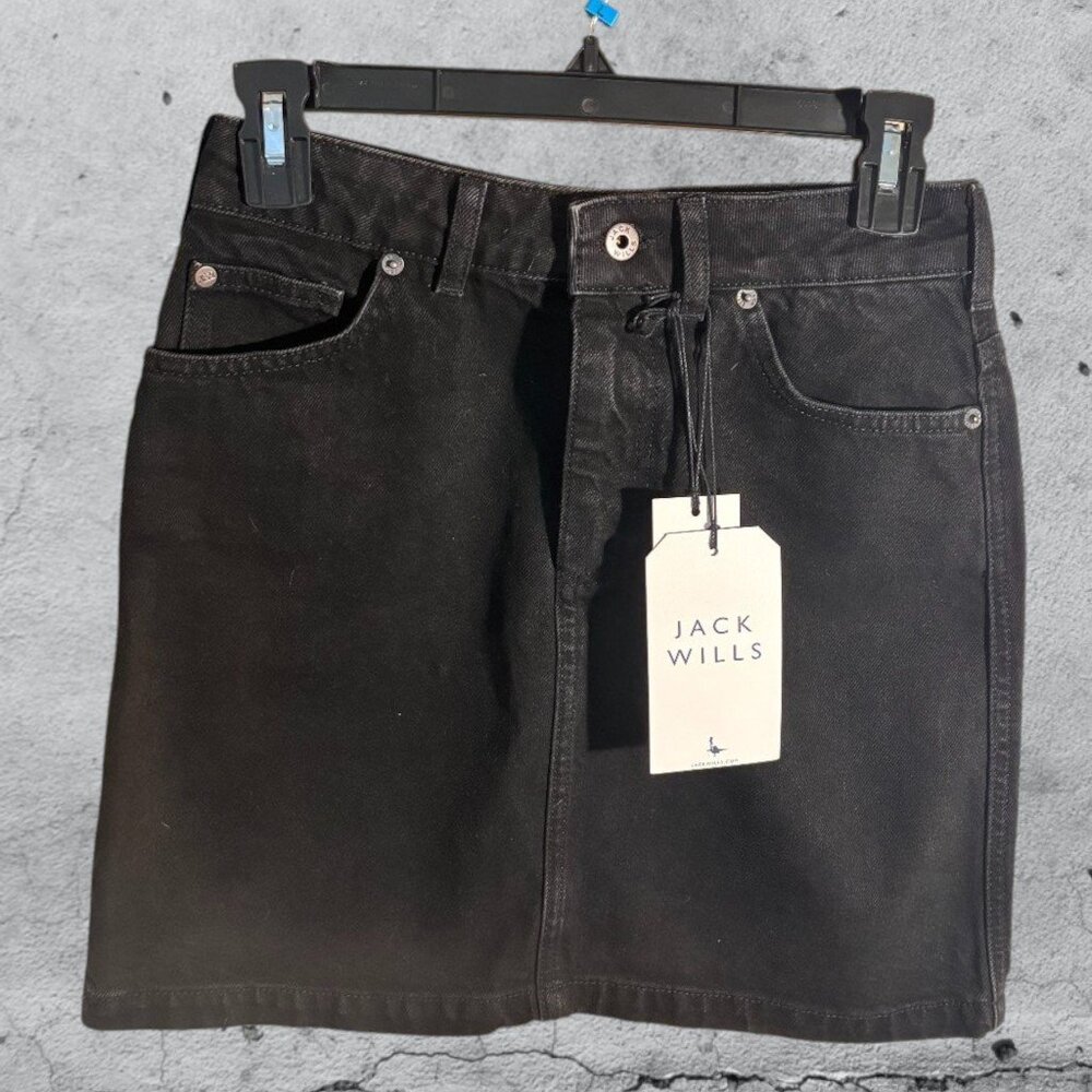 Jack Wills Black Denim Mini Skirt Raw Hem High Rise Casual Size 4 NWT
